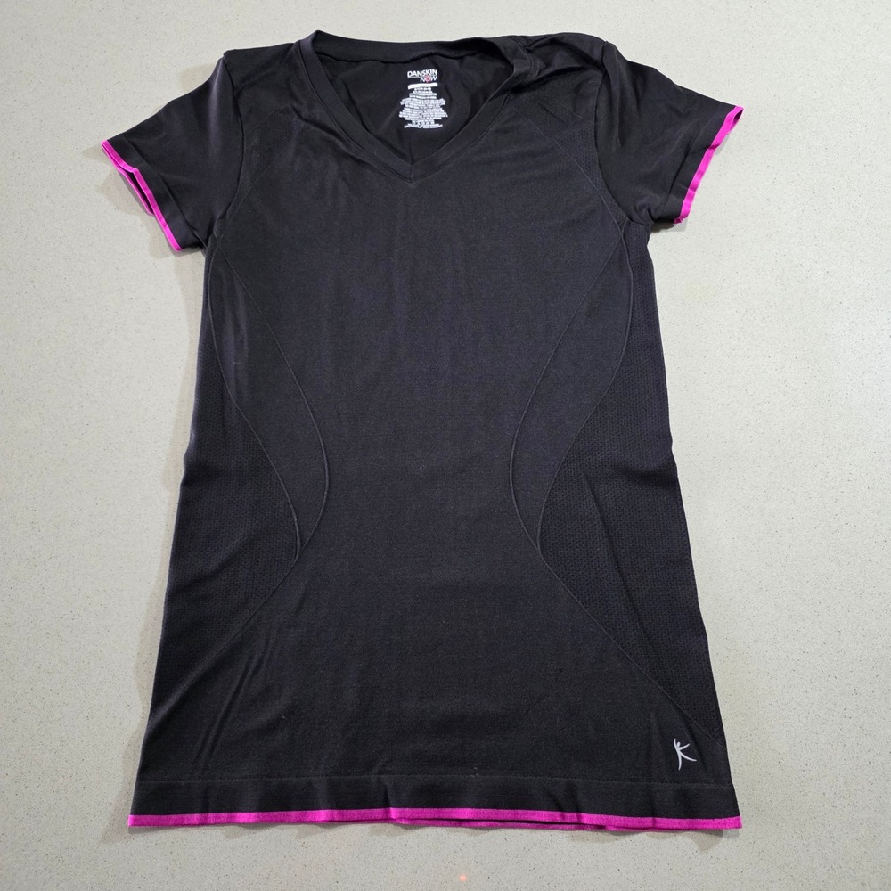 Danskin Now Womens Black Pink Trim V-Neck Athletic T-Shirt Small 4-6 Fitted